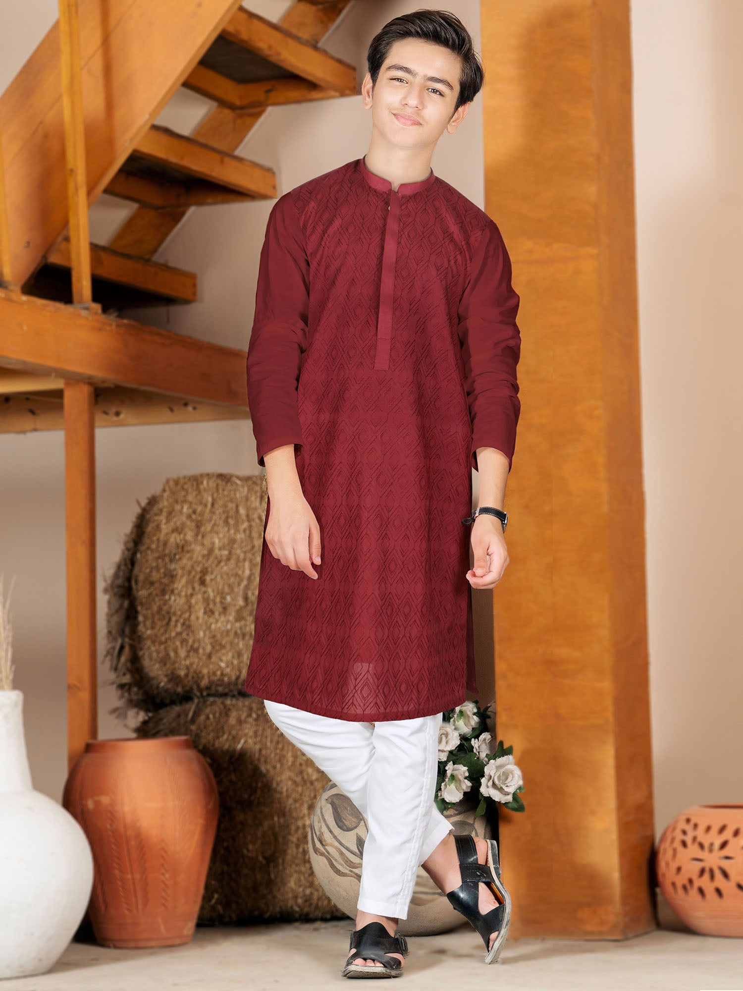 Velvour Boys Embroidered Kurta Maroon VB158