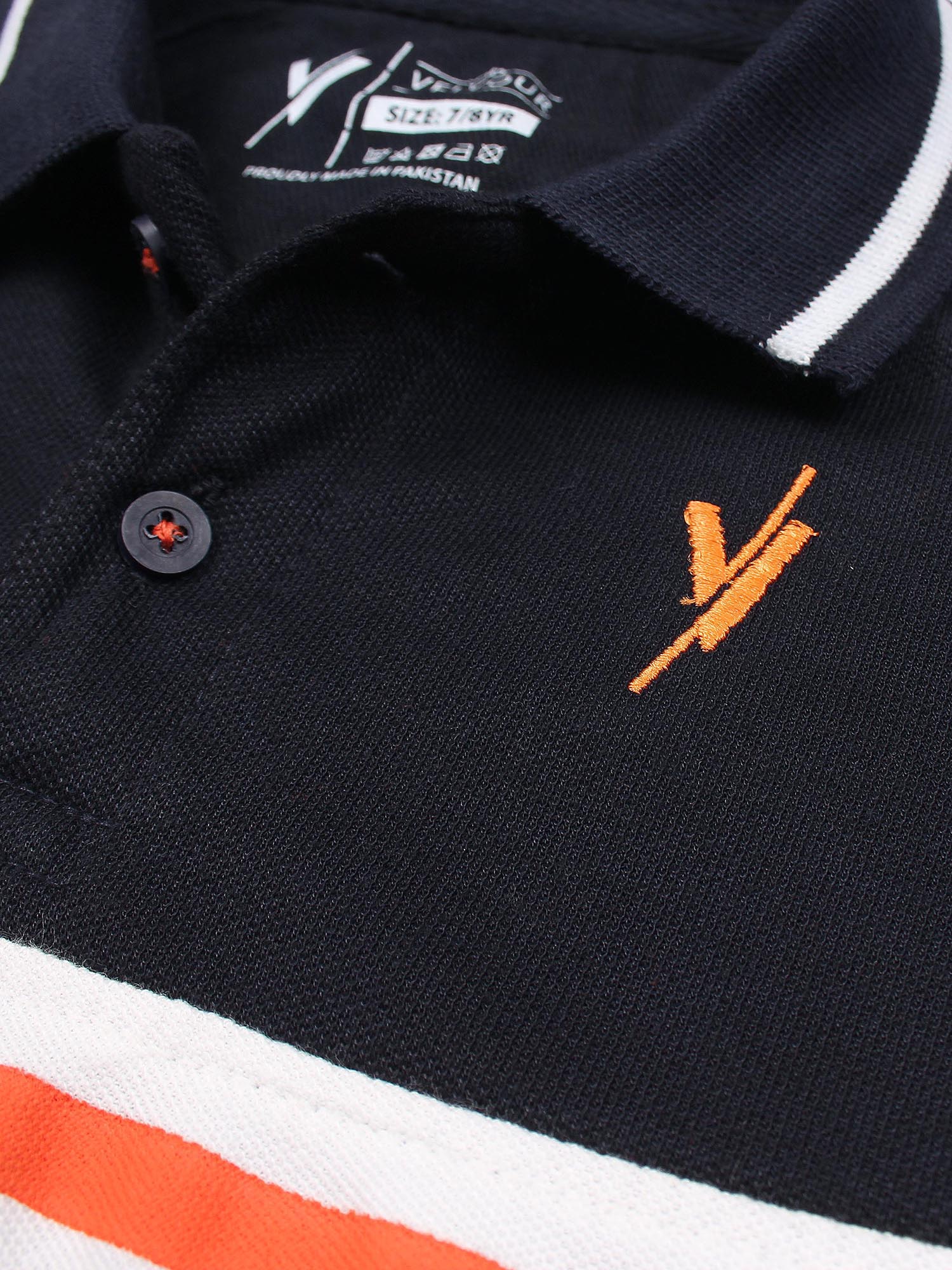 Tipping Collar Boys Polo Shirt Velvour Embroidered Navy With Orange stripe
