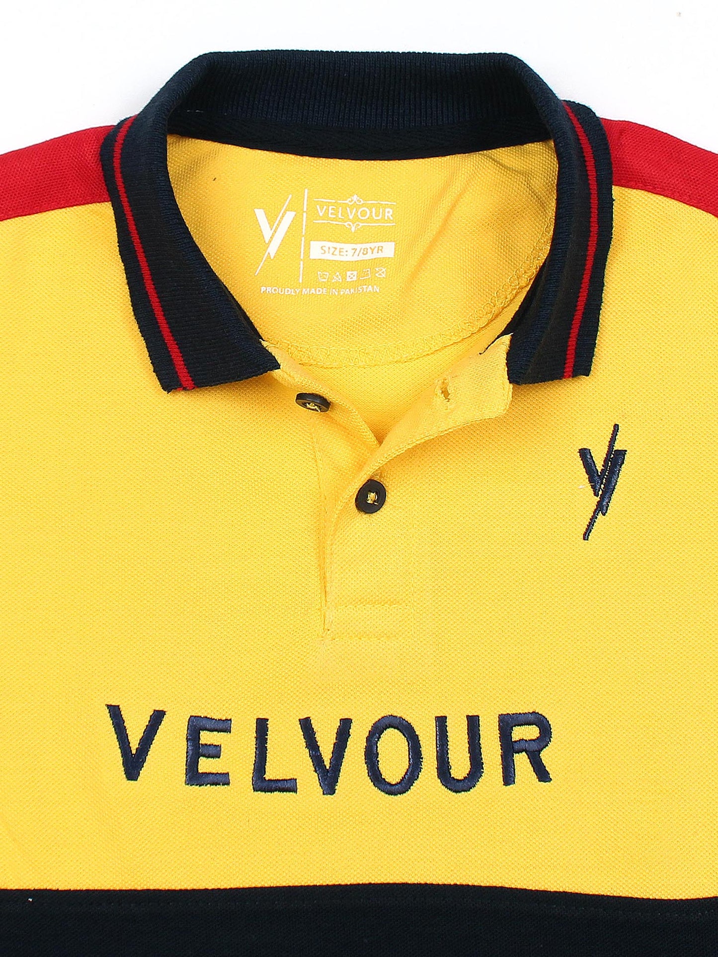 Tipping Collar Boys Polo Shirt Velvour Embroidered Yellow And Navy
