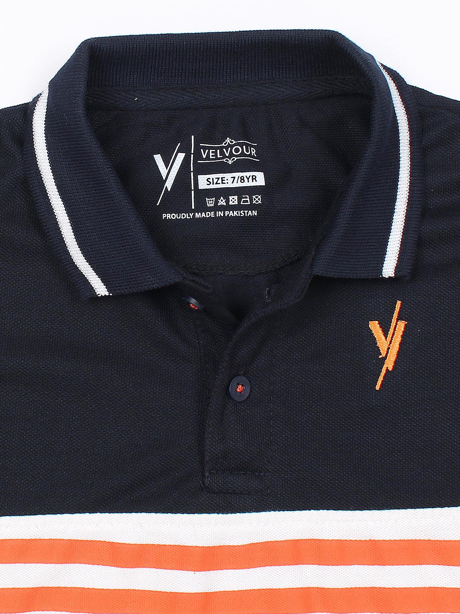 Tipping Collar Boys Polo Shirt Velvour Embroidered Navy With Orange stripe
