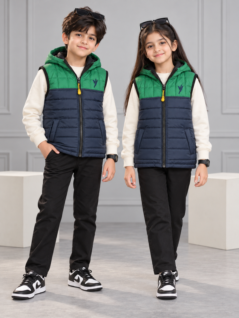 Sleeveless Hooded Puffer For Boys & Girls VJ06-C Green/Navy Blue