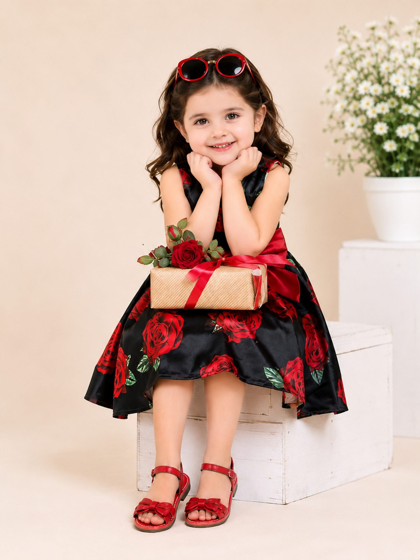 Girls Black & Red Rose Floral Party Dress with Satin Bow VCHN19-A