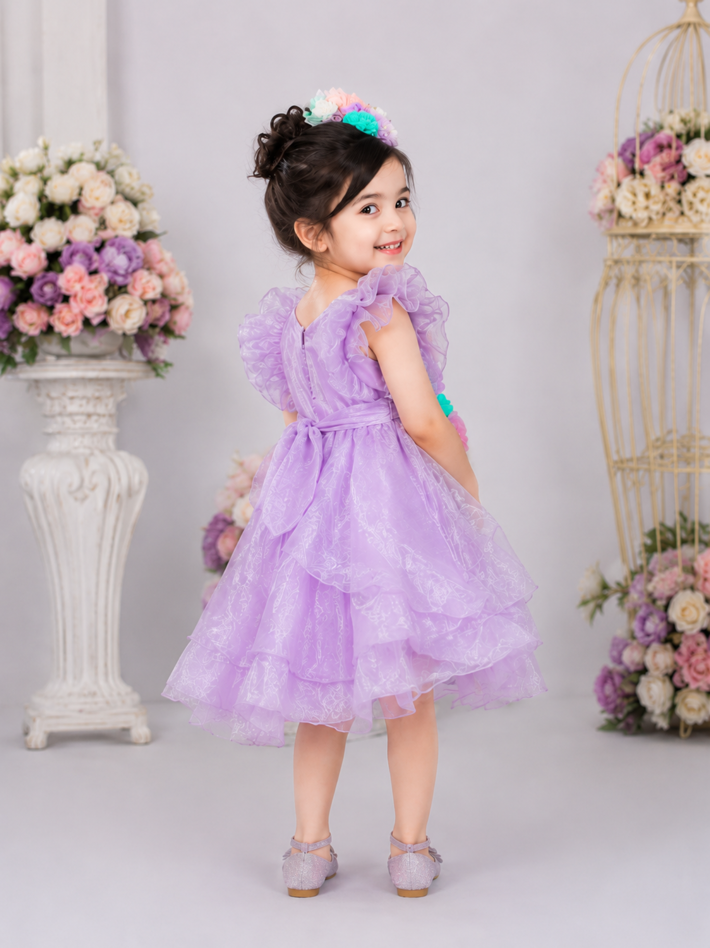 Girls Lavender Floral Party Frock – 3D Flower Princess Dress VCHN20-A