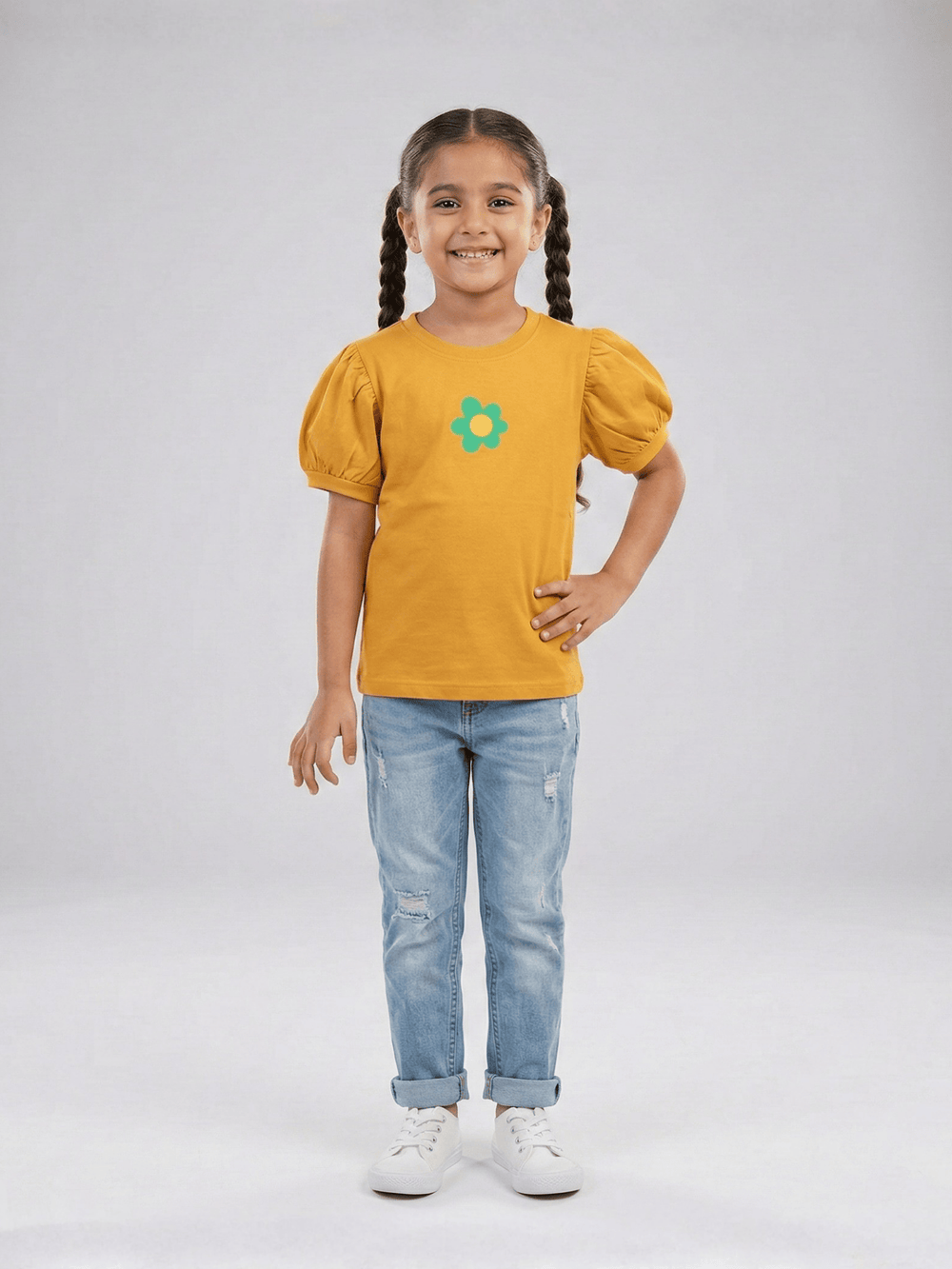 Girls Summer Mustard Puff Sleeve Flower T-Shirt VG193-B