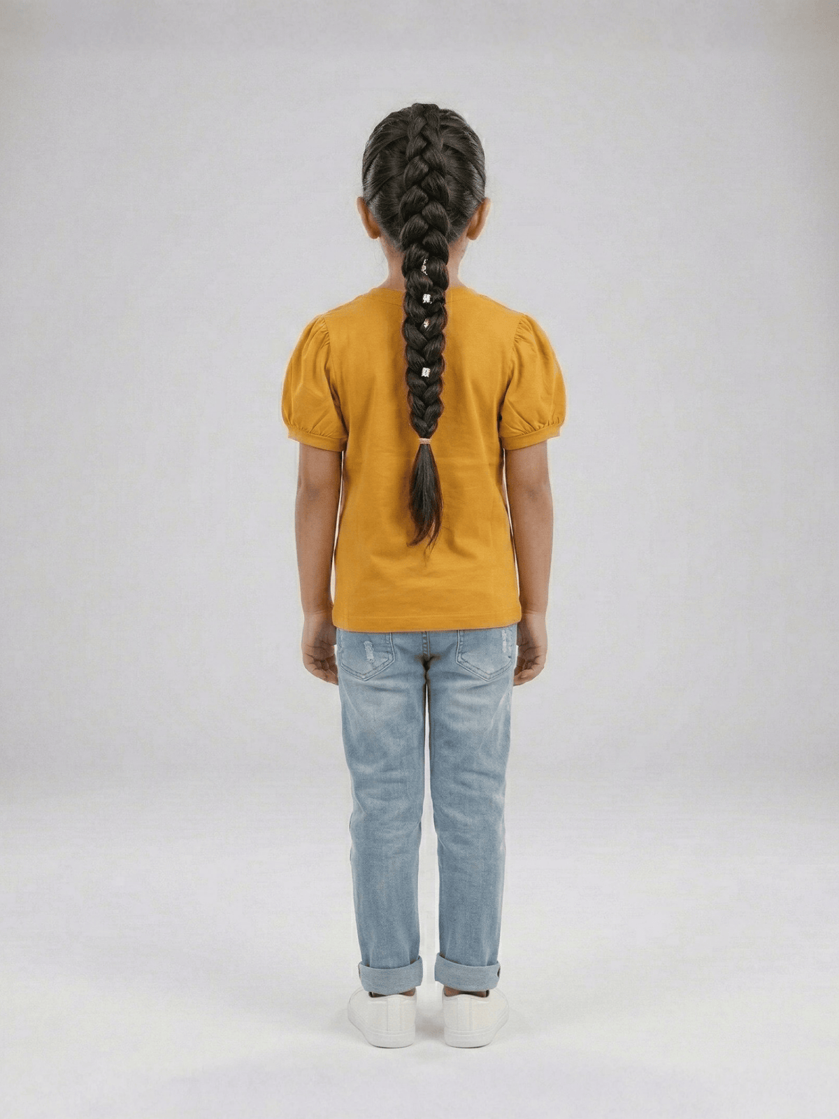 Girls Summer Mustard Puff Sleeve Flower T-Shirt VG193-B
