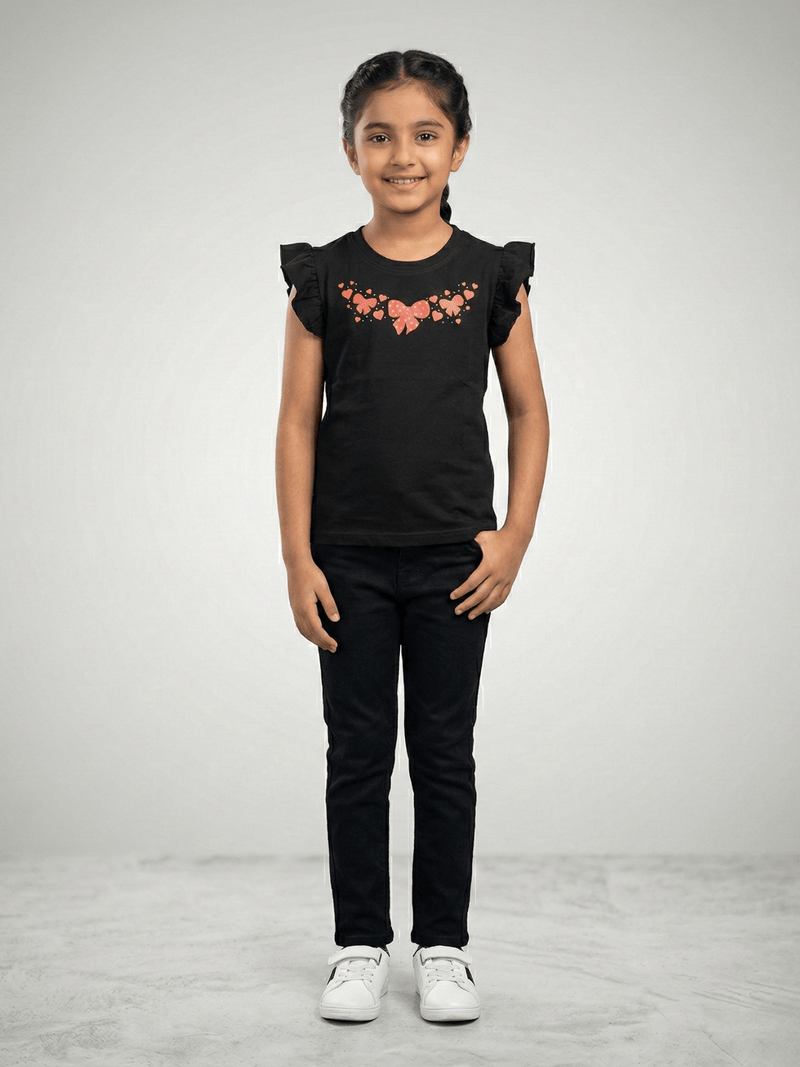 Girls Summer Black Butterfly Heart Ruffle Sleeve T-Shirt VG193-A