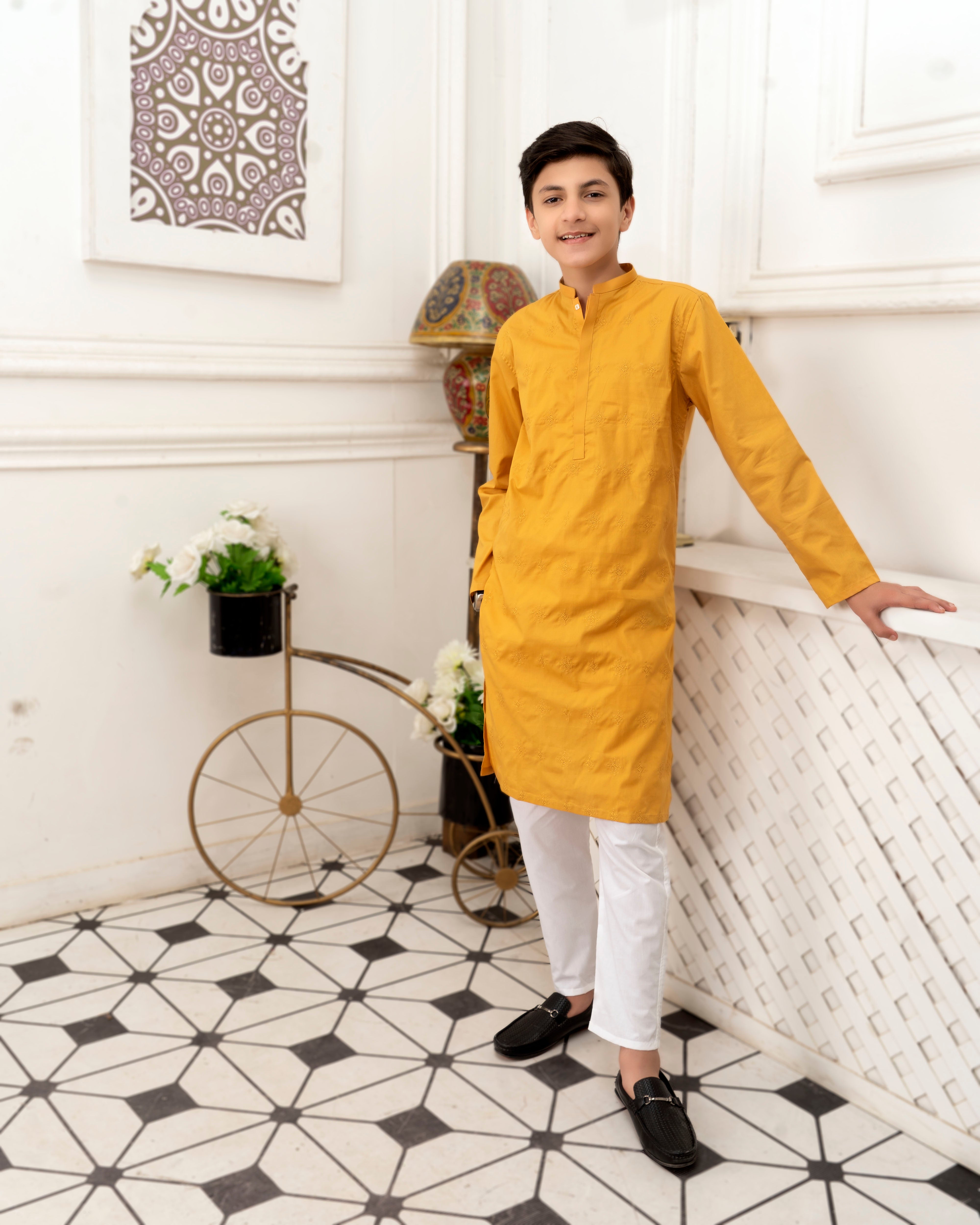 Boys Embroidered Kurta ART VB140 Mango Yellow