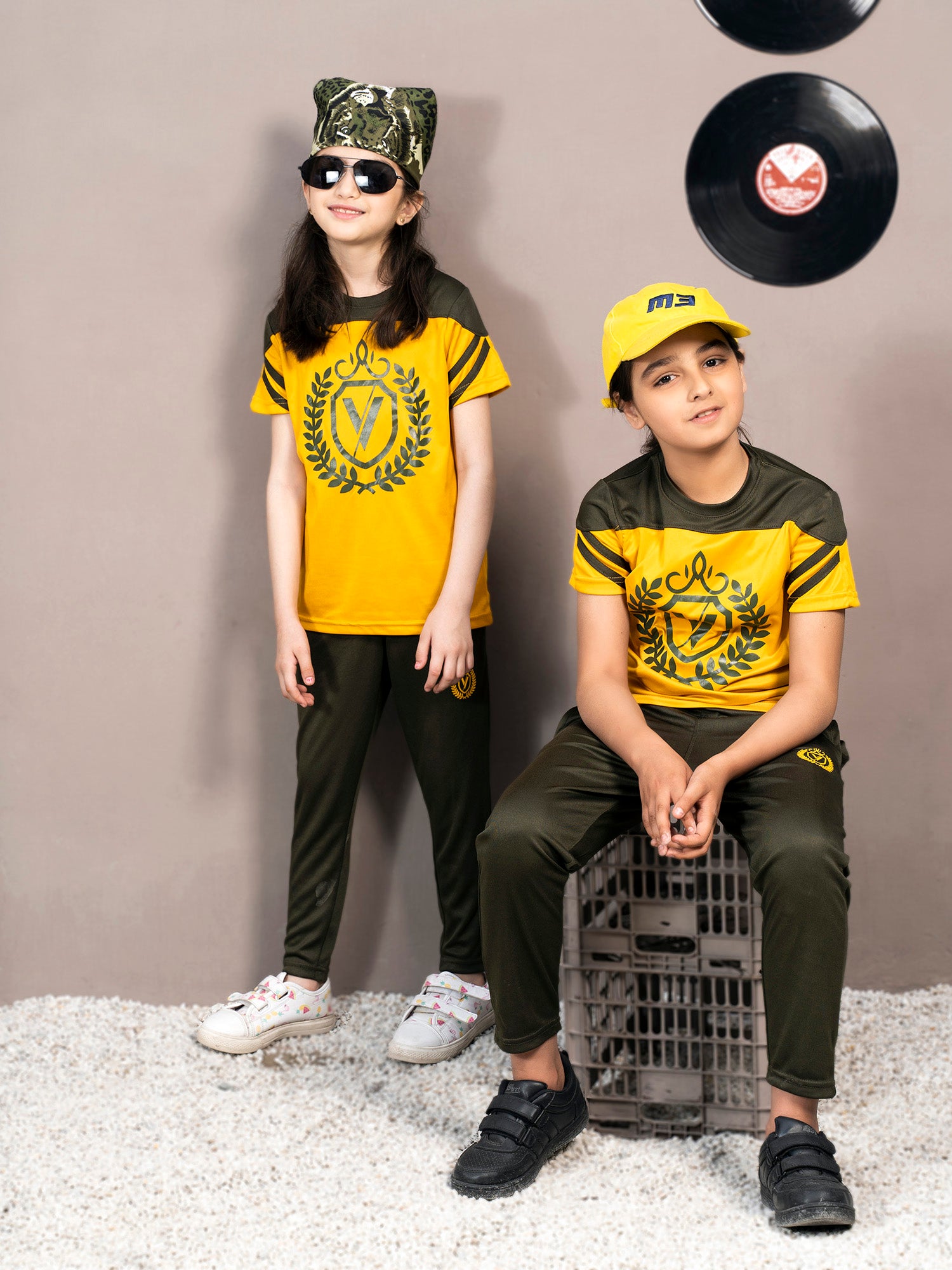Tracksuit For Boys & Girls Poly athletic Fabric ART #VBTS08-C Yellow & Army Green