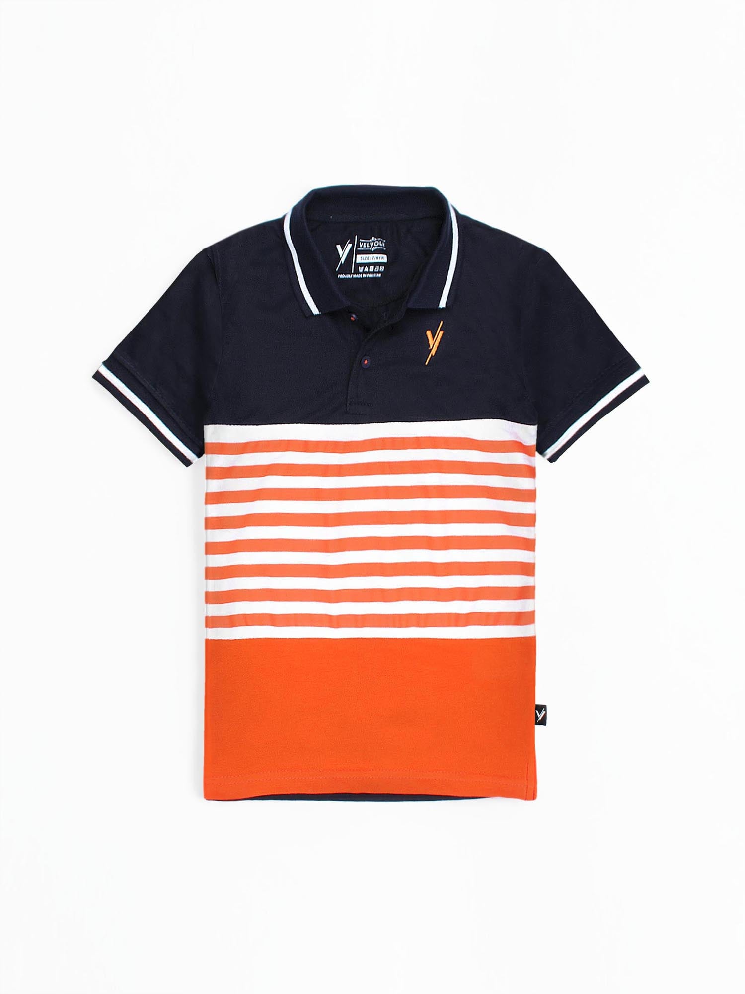 Tipping Collar Boys Polo Shirt Velvour Embroidered  Navy With Orange stripe