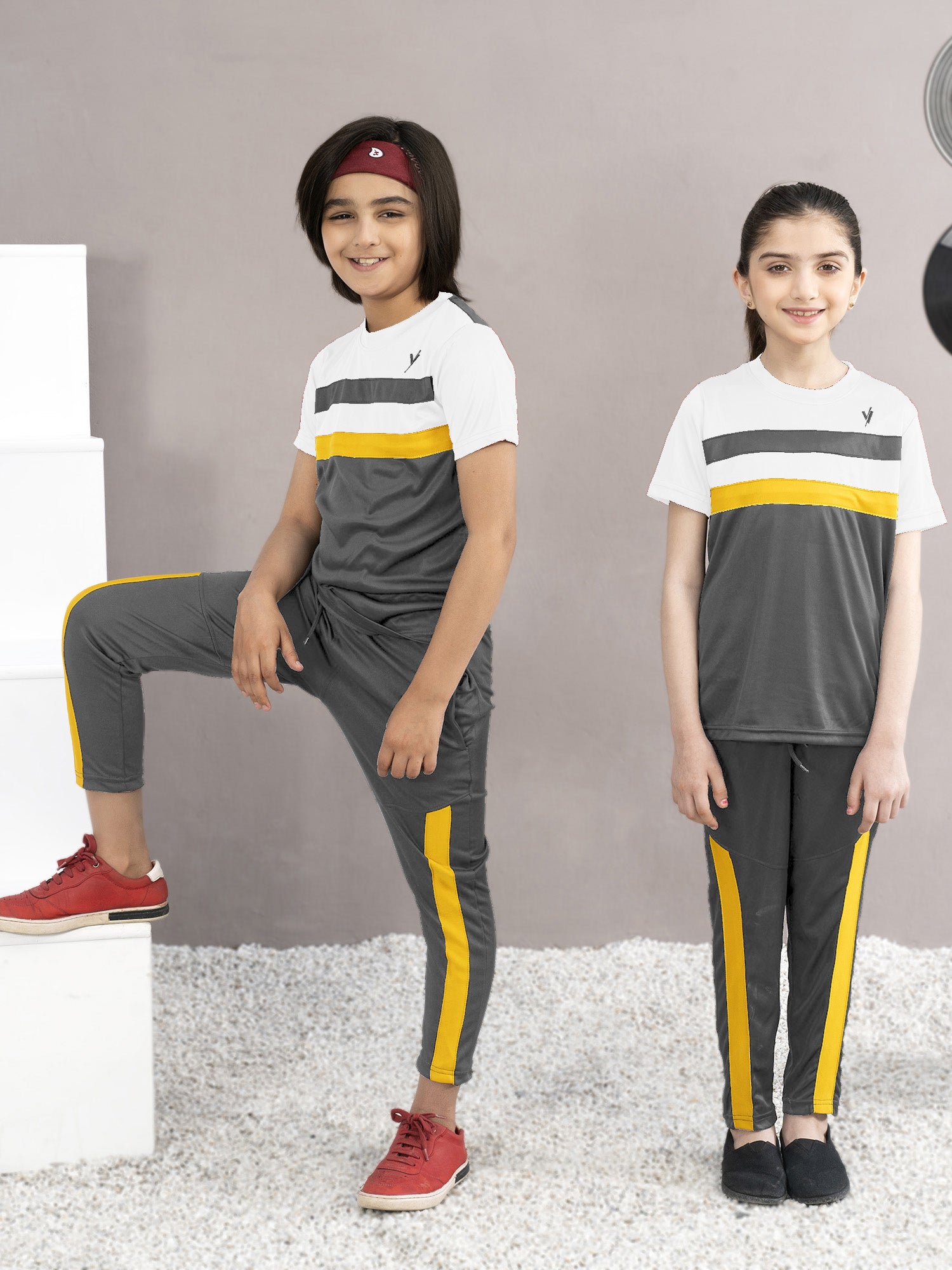 Tracksuit For Boys & Girls Poly athletic Fabric ART #VST55-A White & Charcoal