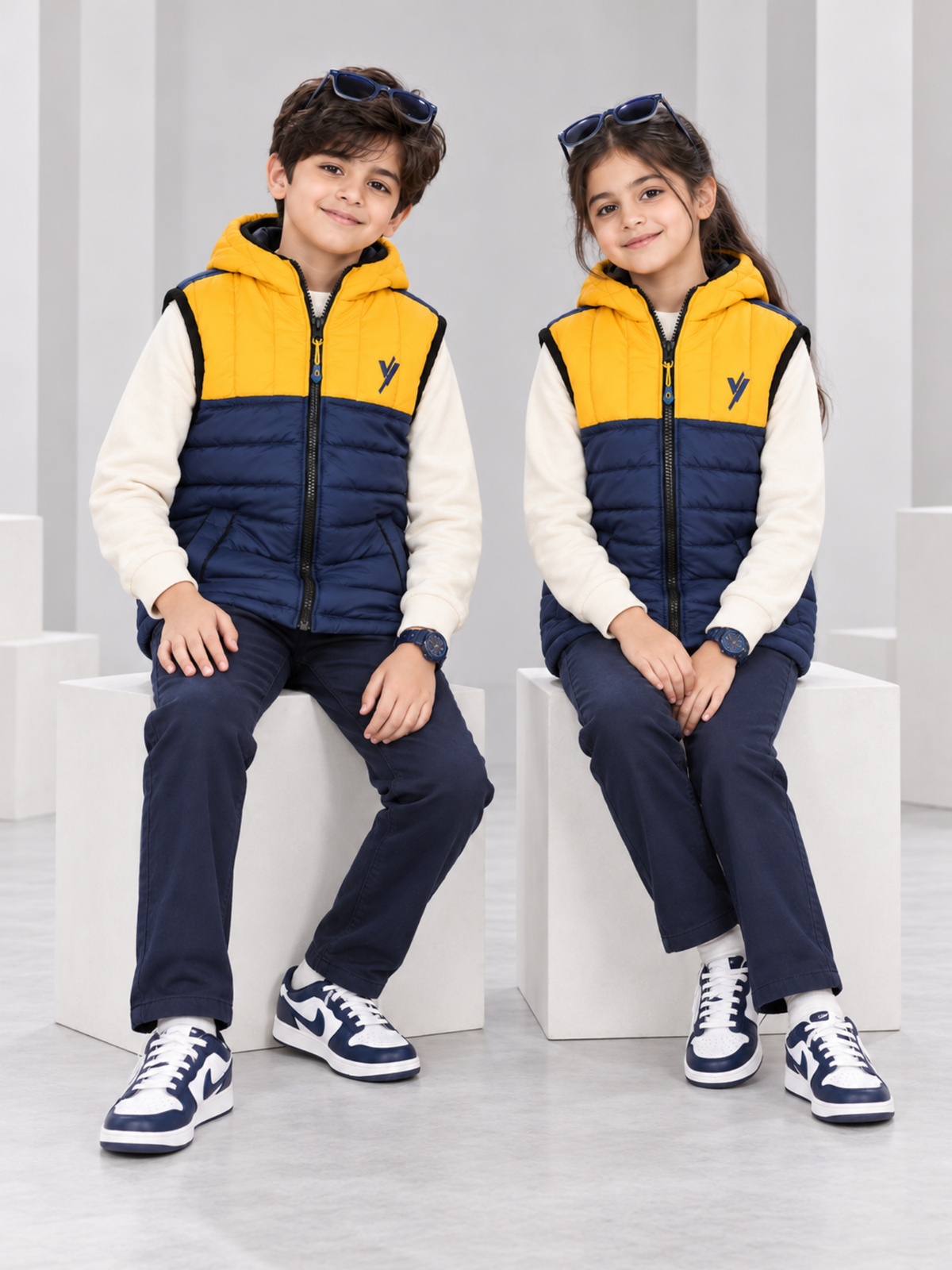 Sleeveless Hooded Puffer For Boys & Girls VJ06-B Yellow/Navy