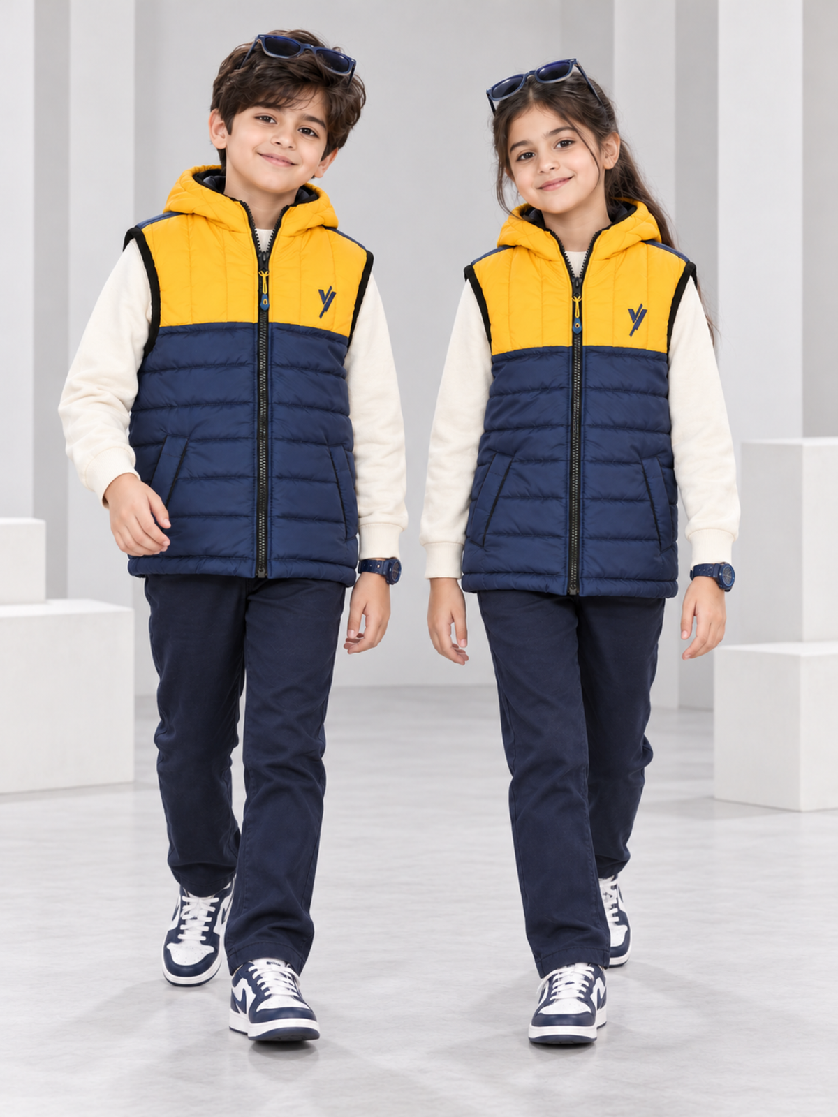 Sleeveless Hooded Puffer For Boys & Girls VJ06-B Yellow/Navy