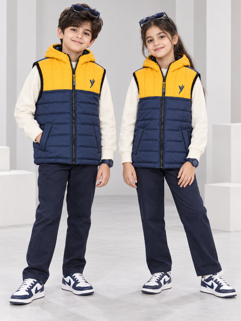 Sleeveless Hooded Puffer For Boys & Girls VJ06-B Yellow/Navy