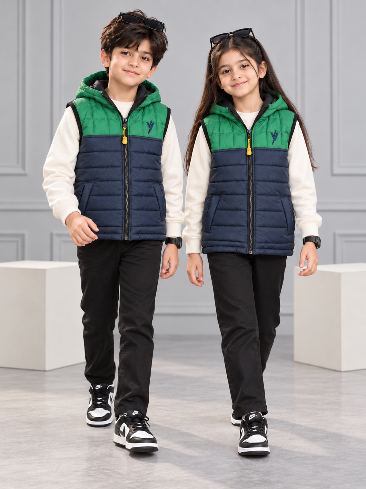Sleeveless Hooded Puffer For Boys & Girls VJ06-C Green/Navy Blue