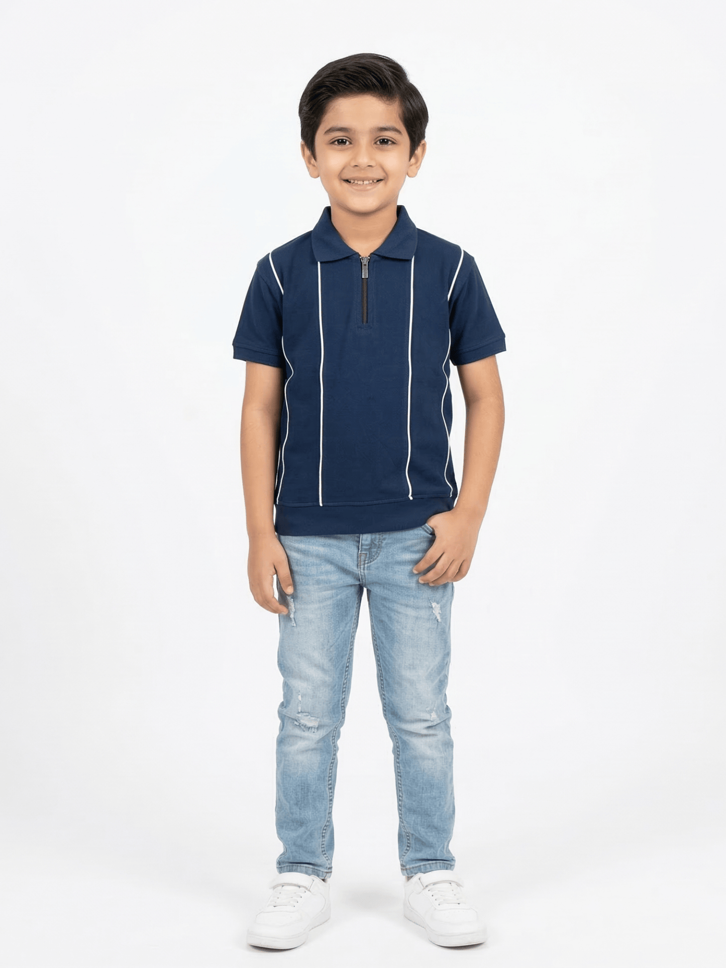 Boys Navy Striped Zip Polo Shirt VP23-A
