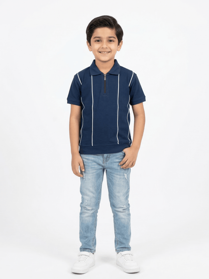 Boys Navy Striped Zip Polo Shirt VP23-A