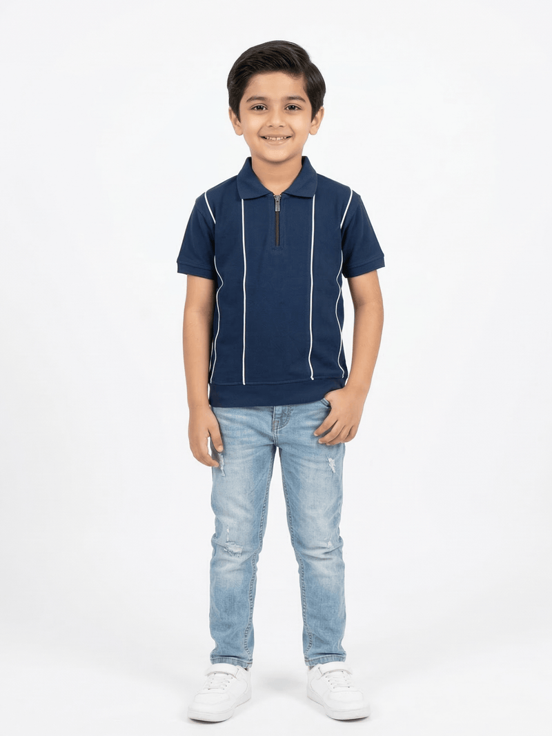 Boys Navy Striped Zip Polo Shirt VP23-A