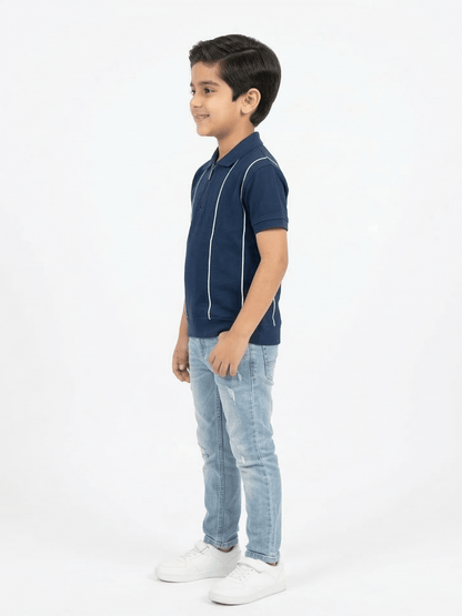Boys Navy Striped Zip Polo Shirt VP23-A