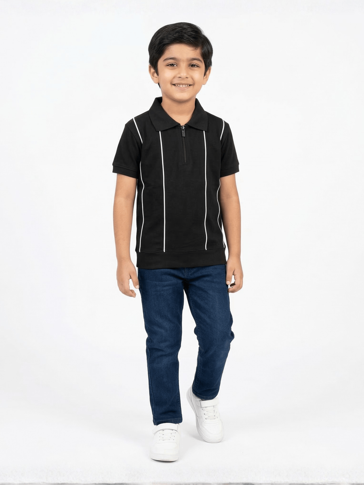 Boys Black Striped Zip Polo Shirt VP23-B