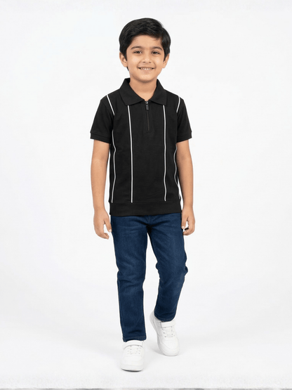 Boys Black Striped Zip Polo Shirt VP23-B