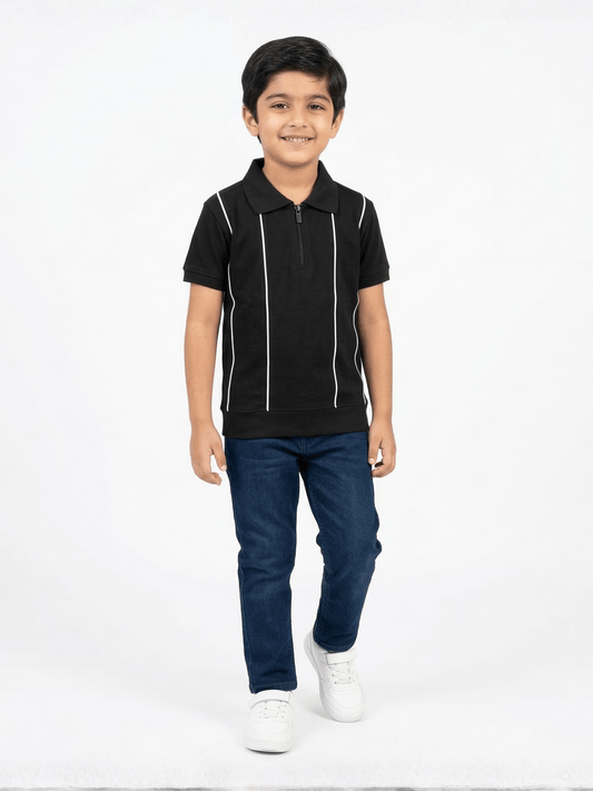 Boys Black Striped Zip Polo Shirt VP23-B