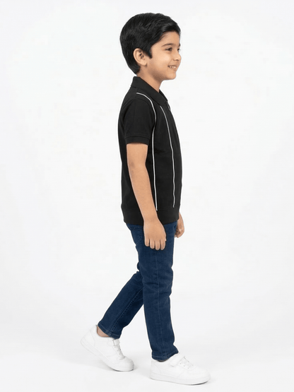 Boys Black Striped Zip Polo Shirt VP23-B