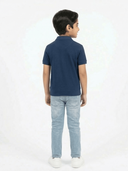 Boys Navy Striped Zip Polo Shirt VP23-A
