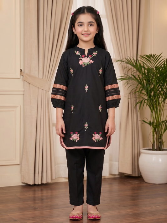 Embroidered Girls Co Ord Set VG57-Black