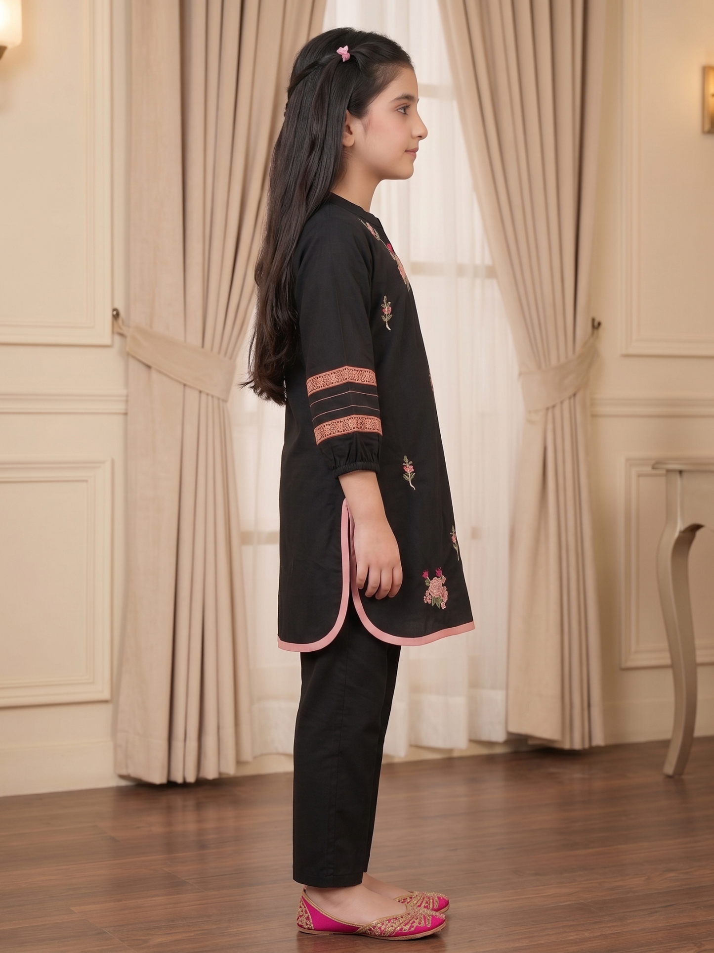 Embroidered Girls Co Ord Set VG57-Black