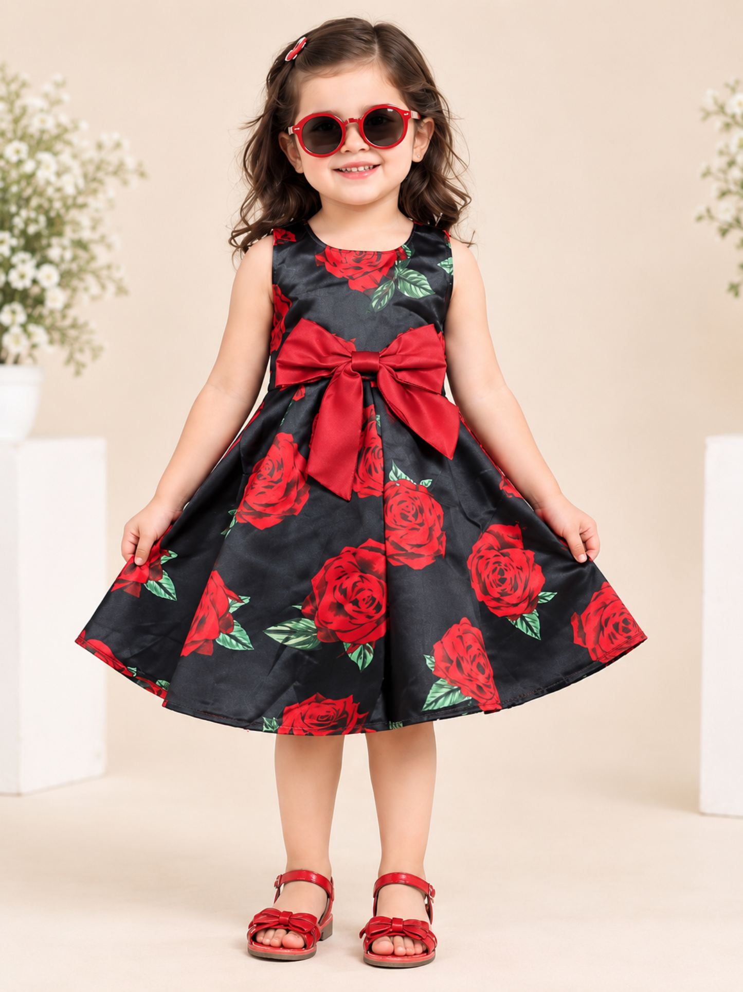Girls Black & Red Rose Floral Party Dress with Satin Bow VCHN19-A