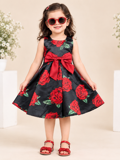 Girls Black & Red Rose Floral Party Dress with Satin Bow VCHN19-A