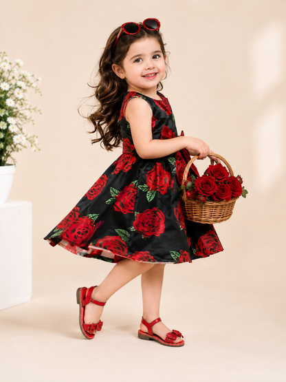 Girls Black & Red Rose Floral Party Dress with Satin Bow VCHN19-A