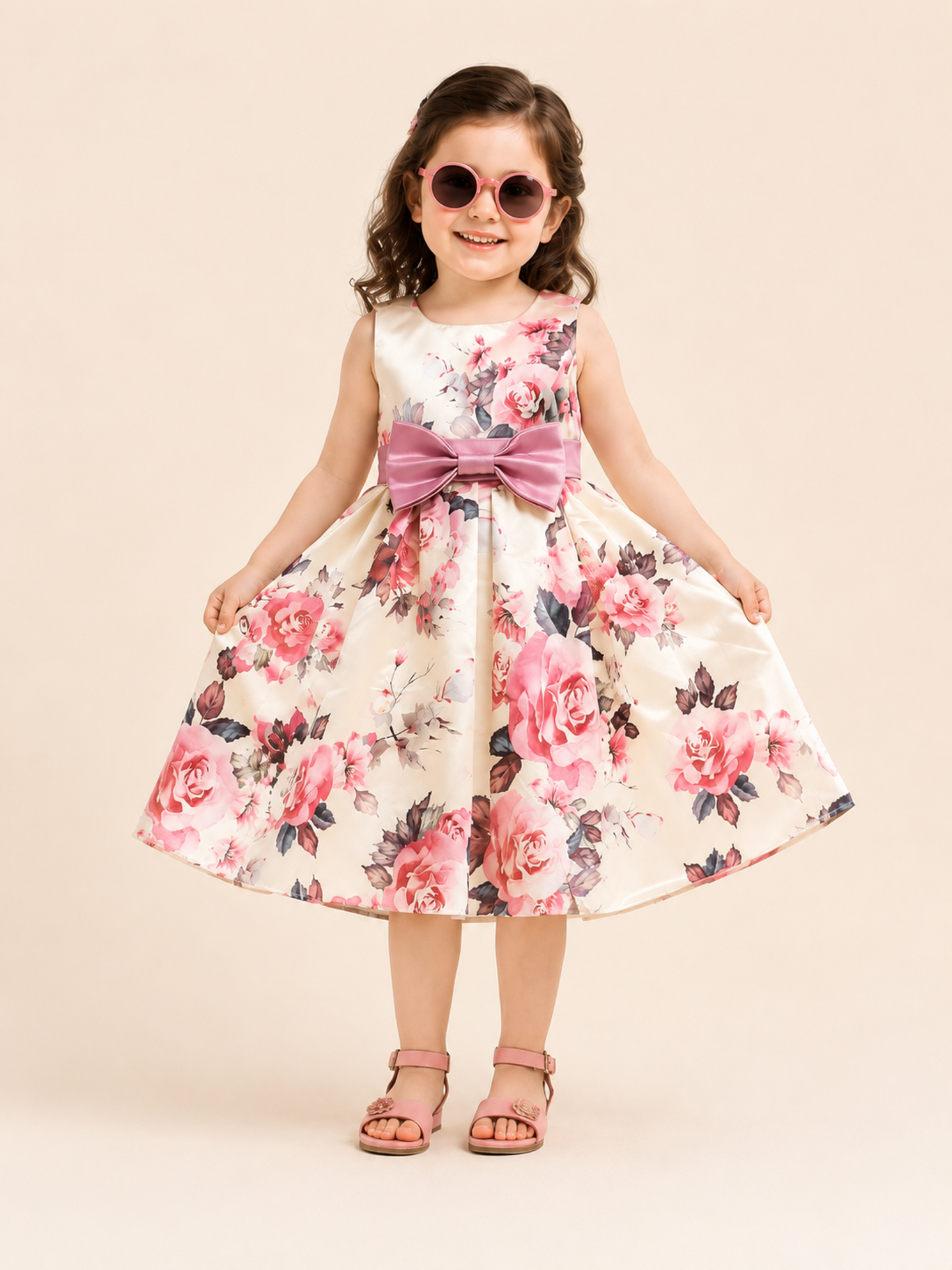 Girls Ivory Rose Floral Party Dress with Satin Bow VCHN02-B