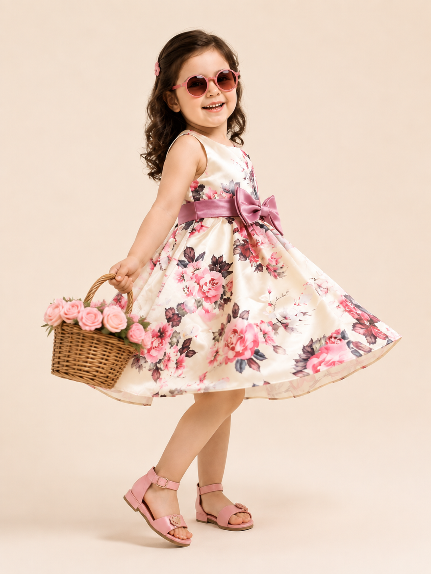 Girls Ivory Rose Floral Party Dress with Satin Bow VCHN02-B