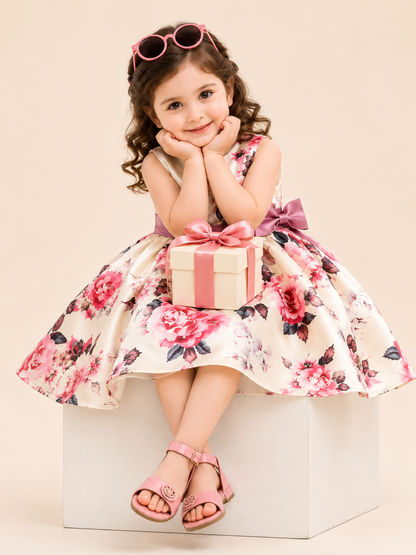 Girls Ivory Rose Floral Party Dress with Satin Bow VCHN02-B