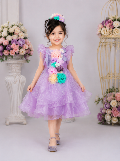 Girls Lavender Floral Party Frock – 3D Flower Princess Dress VCHN20-A
