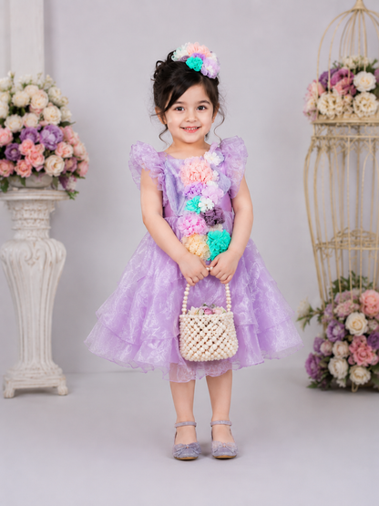 Girls Lavender Floral Party Frock – 3D Flower Princess Dress VCHN20-A