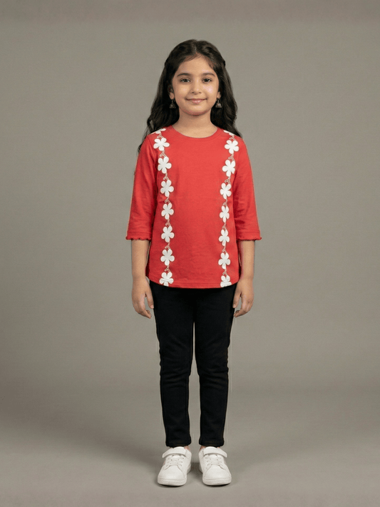 Girls Red Floral Side Print T-Shirt VG193-D