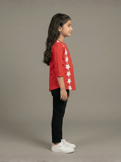 Girls Red Floral Side Print T-Shirt VG193-D