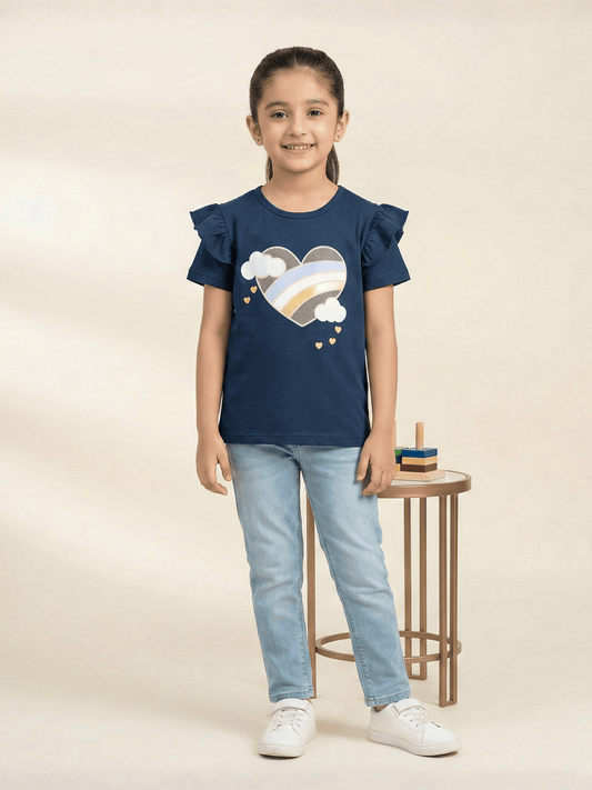 Girls Navy Blue Heart Rainbow Ruffle Sleeve T-Shirt VG193-C