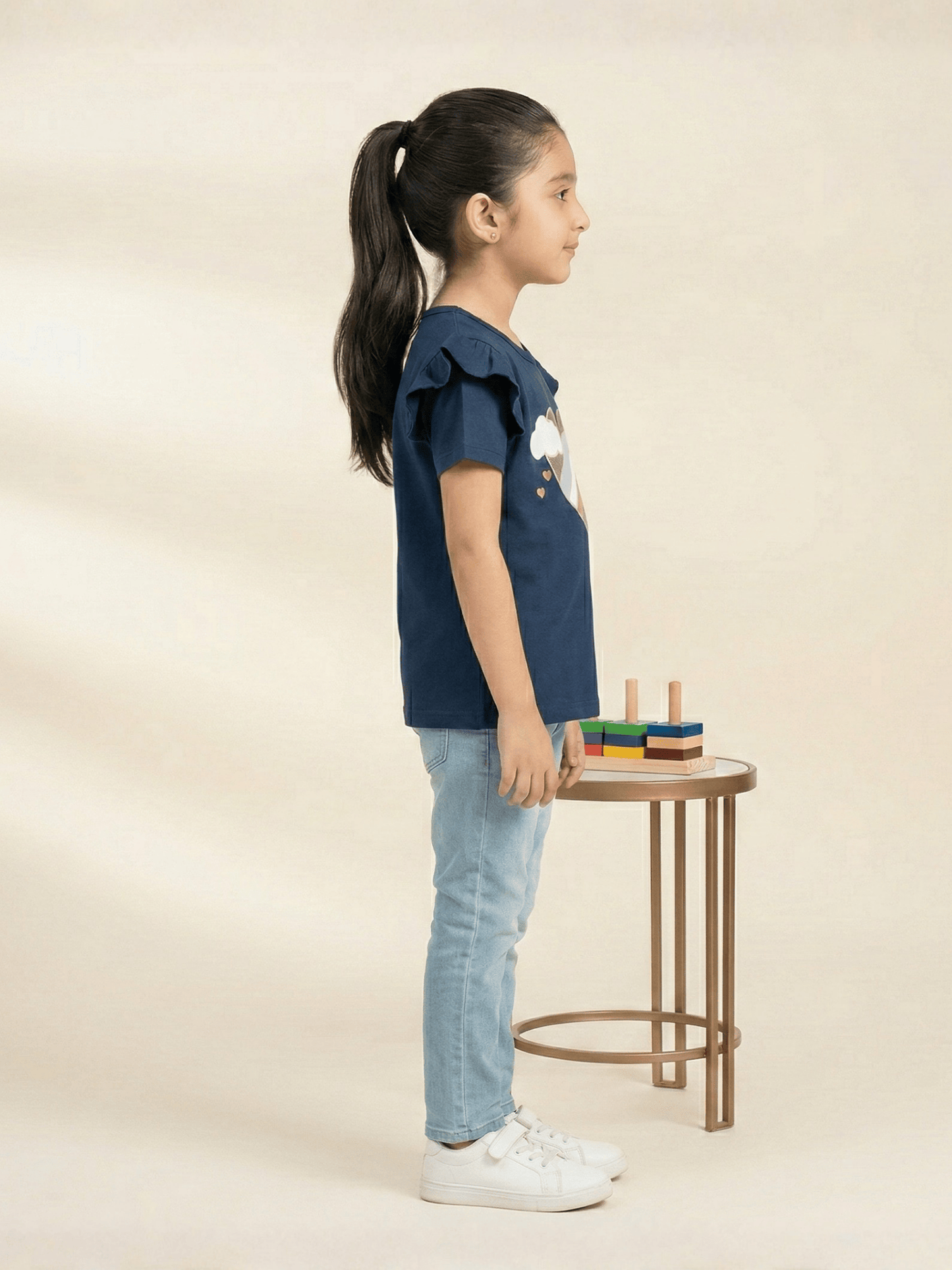 Girls Navy Blue Heart Rainbow Ruffle Sleeve T-Shirt VG193-C