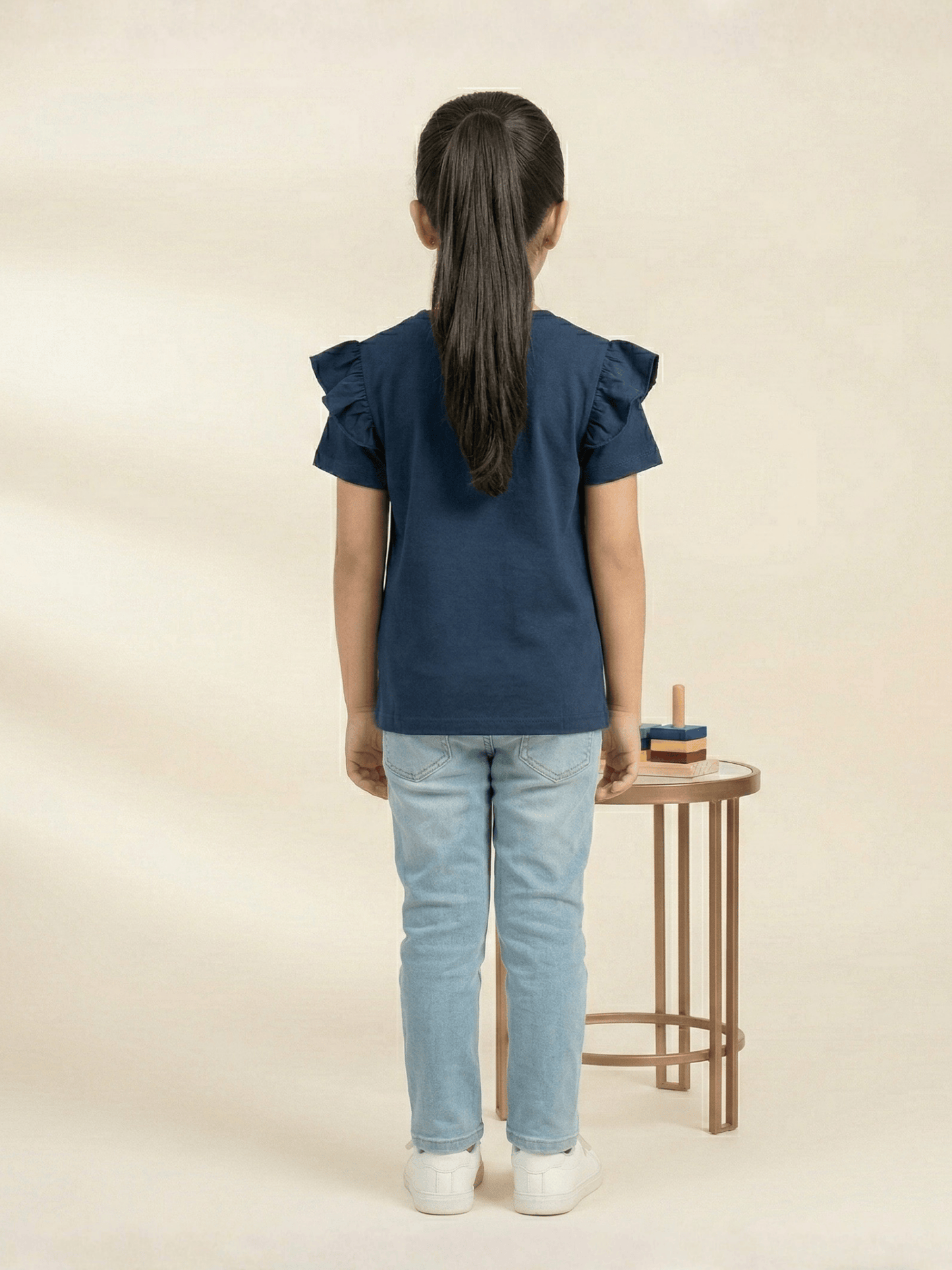 Girls Navy Blue Heart Rainbow Ruffle Sleeve T-Shirt VG193-C