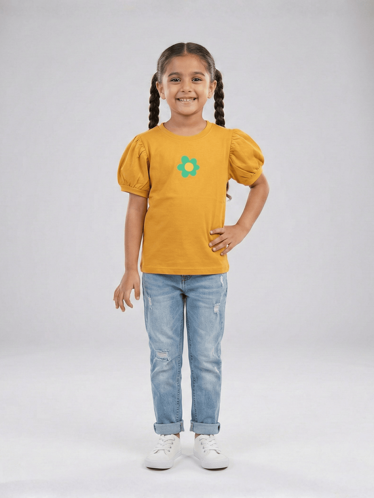 Girls Summer Mustard Puff Sleeve Flower T-Shirt VG193-B