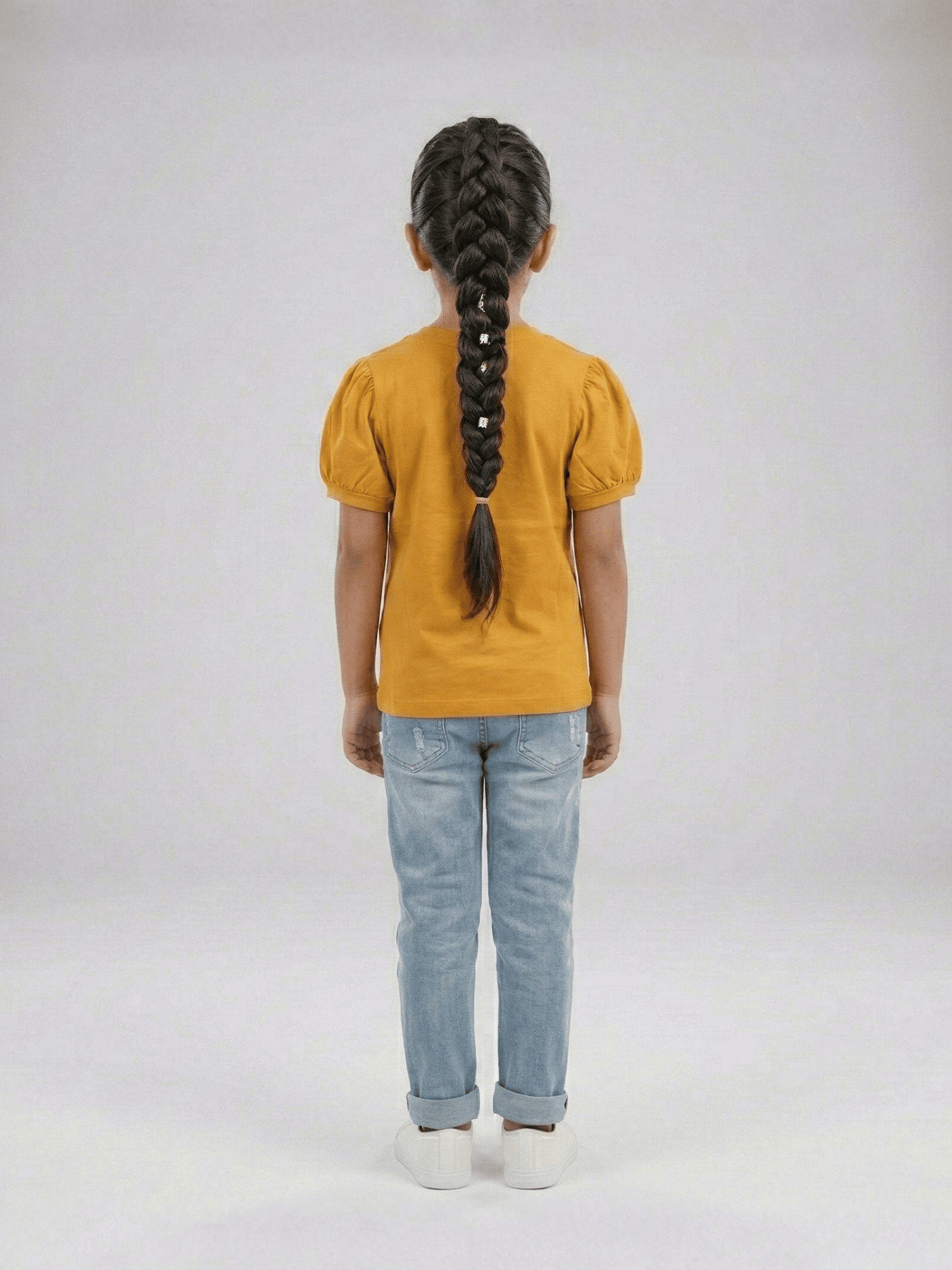 Girls Mustard Puff Sleeve Flower T-Shirt VG193-B