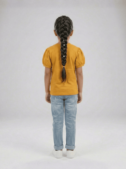 Girls Mustard Puff Sleeve Flower T-Shirt VG193-B