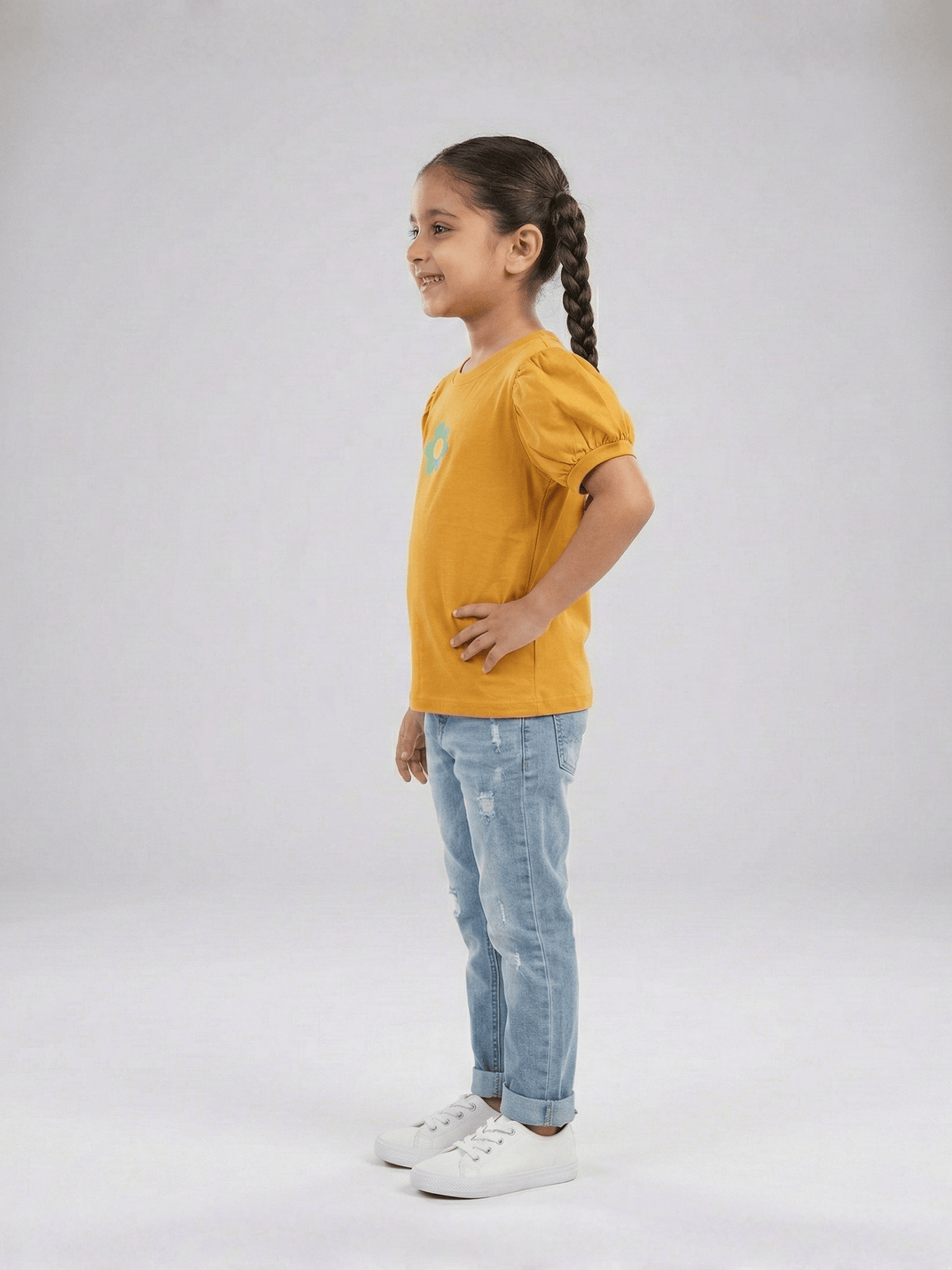 Girls Mustard Puff Sleeve Flower T-Shirt VG193-B