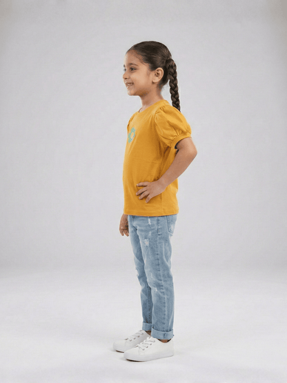Girls Mustard Puff Sleeve Flower T-Shirt VG193-B
