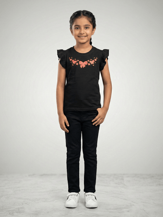Girls Black Butterfly Heart Ruffle Sleeve T-Shirt VG193-A