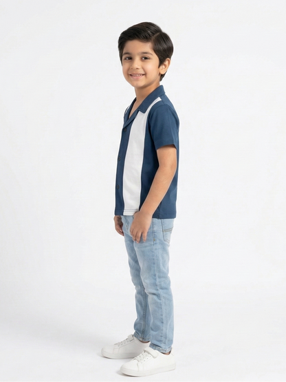 Boys Navy & White Panel Casual Shirt VP24-A