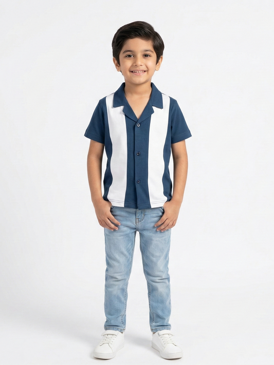 Boys Navy & White Panel Casual Shirt VP24-A